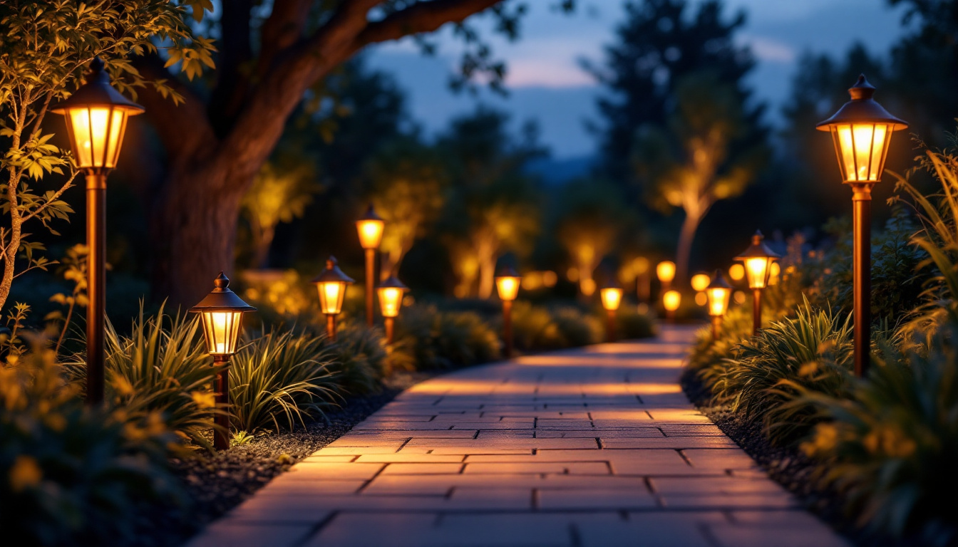 A photograph of a beautifully illuminated pathway at dusk