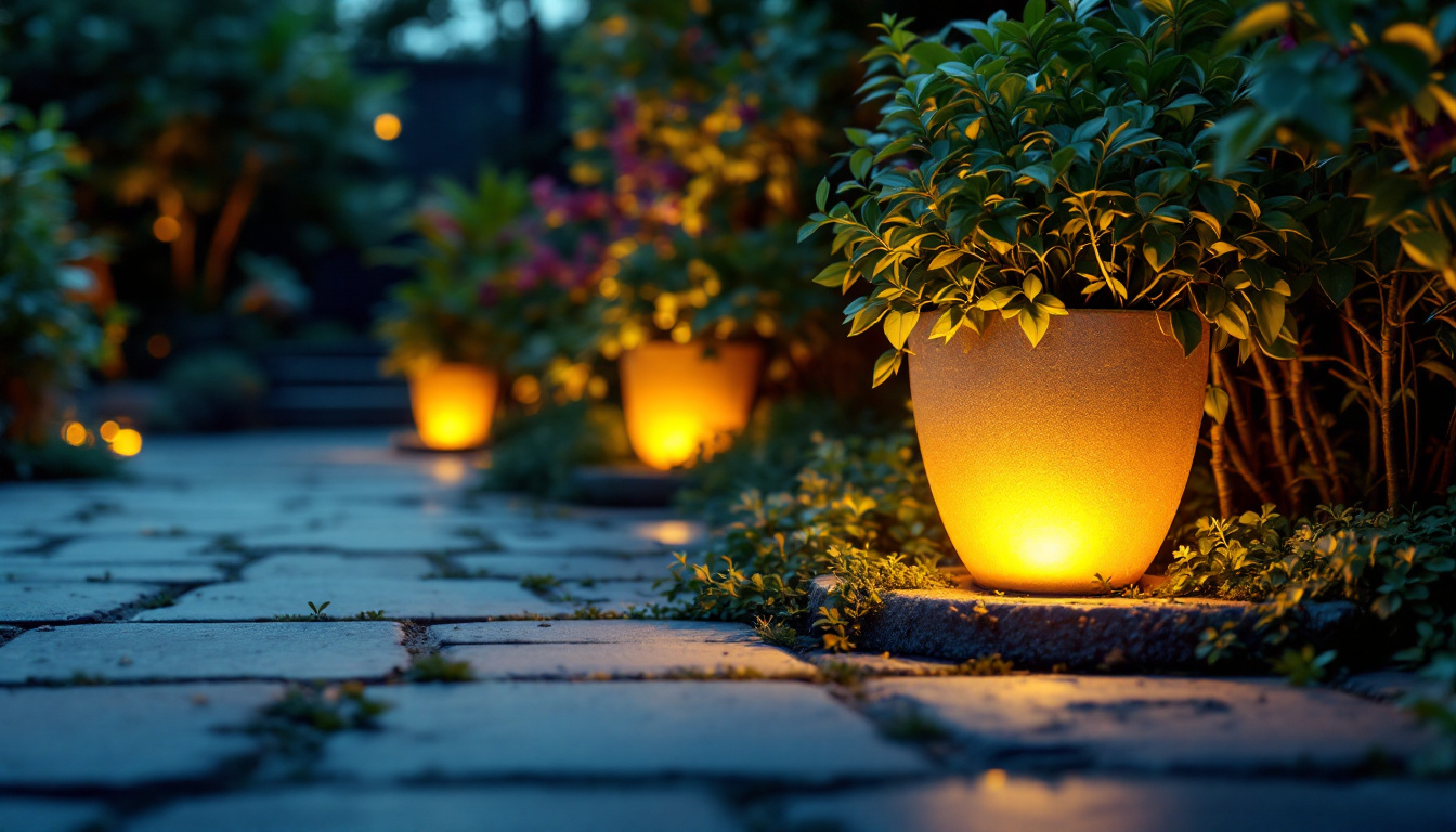 A photograph of a beautifully illuminated outdoor space featuring eco-friendly pot lights integrated into a natural setting