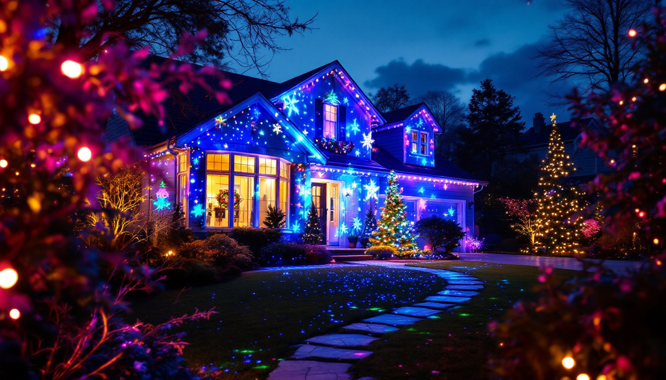 A photograph of capture a photograph of a beautifully illuminated outdoor scene featuring vibrant christmas projection lights casting festive patterns on a home or garden