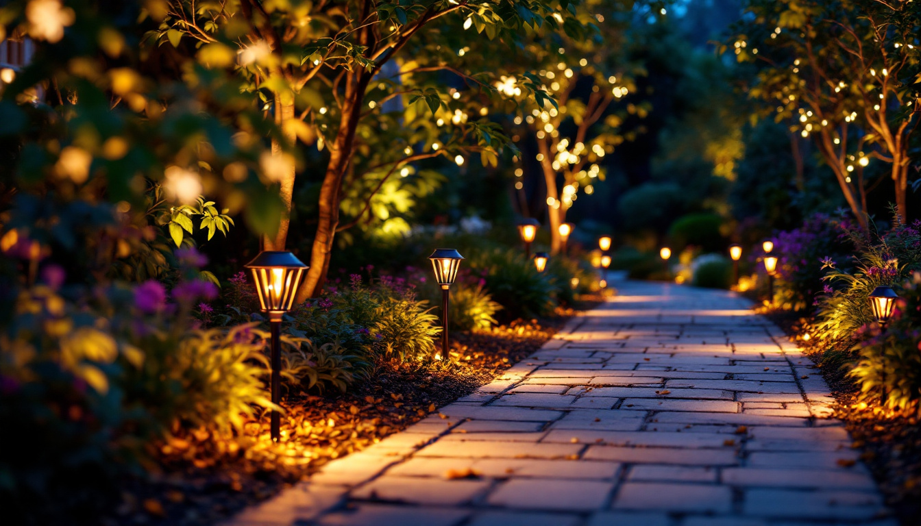 A photograph of a beautifully illuminated outdoor space featuring decorative solar lights highlighting pathways