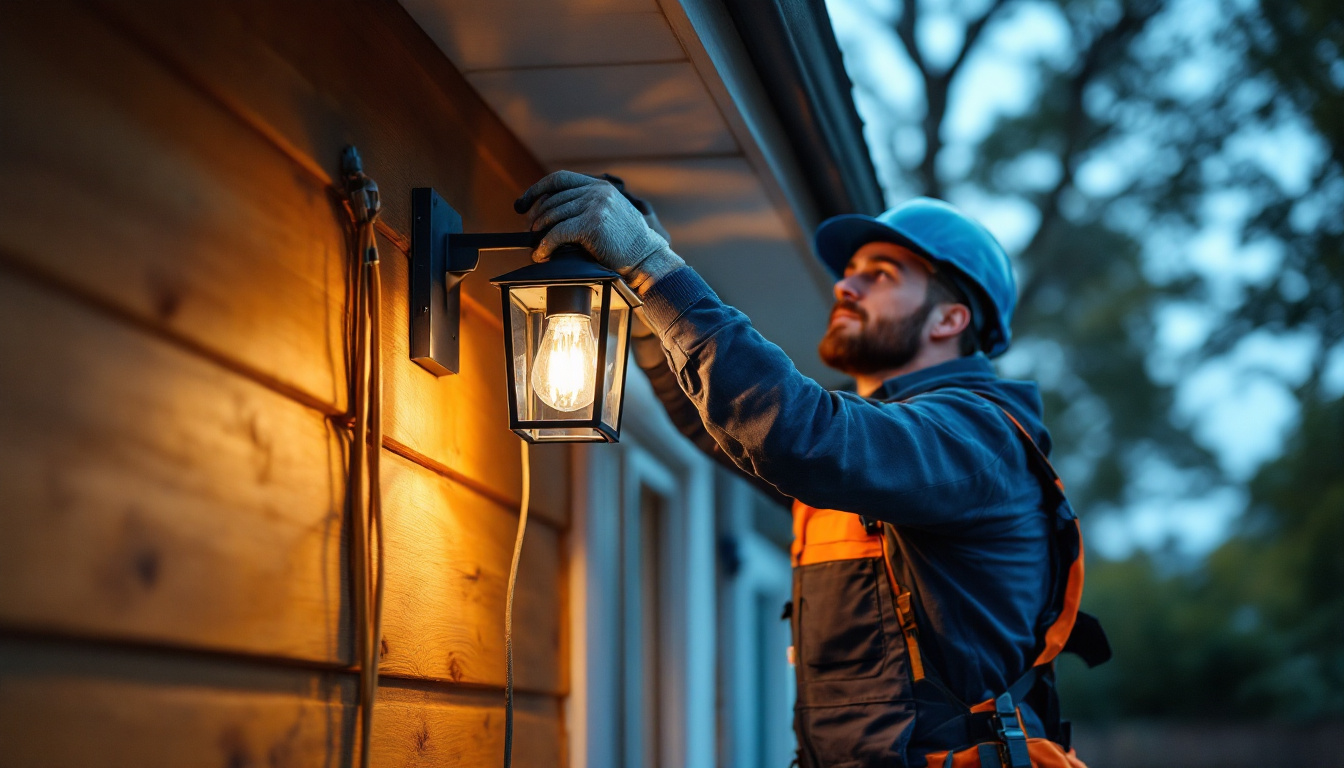 A photograph of a skilled electrician installing an exterior lamp on a home