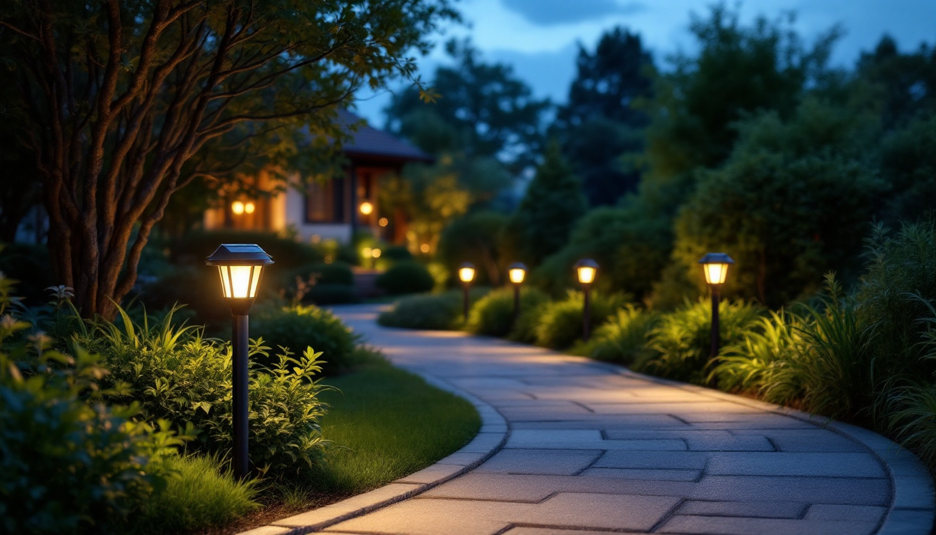A photograph of a beautifully illuminated outdoor space showcasing various solar path lights in use at dusk