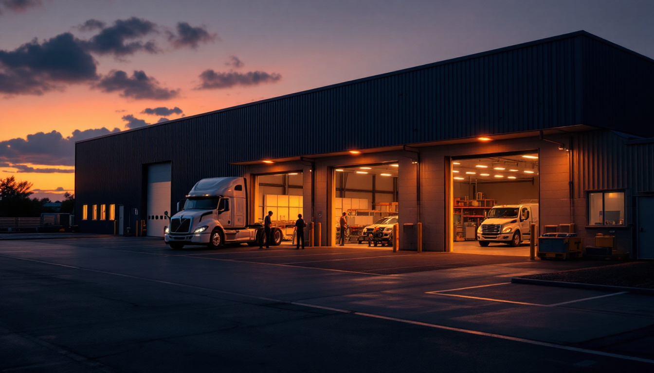A photograph of capture a photograph of a well-lit industrial or commercial garage exterior at dusk