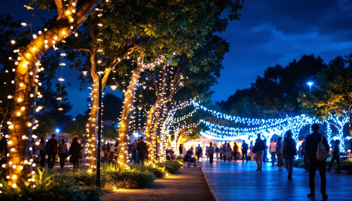 A photograph of a beautifully illuminated outdoor space featuring light strands draped around trees or structures