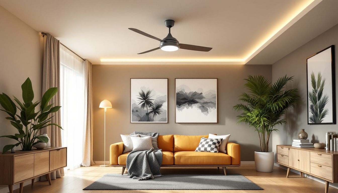 A photograph of a stylish and modern living space featuring an affordable ceiling fan in action