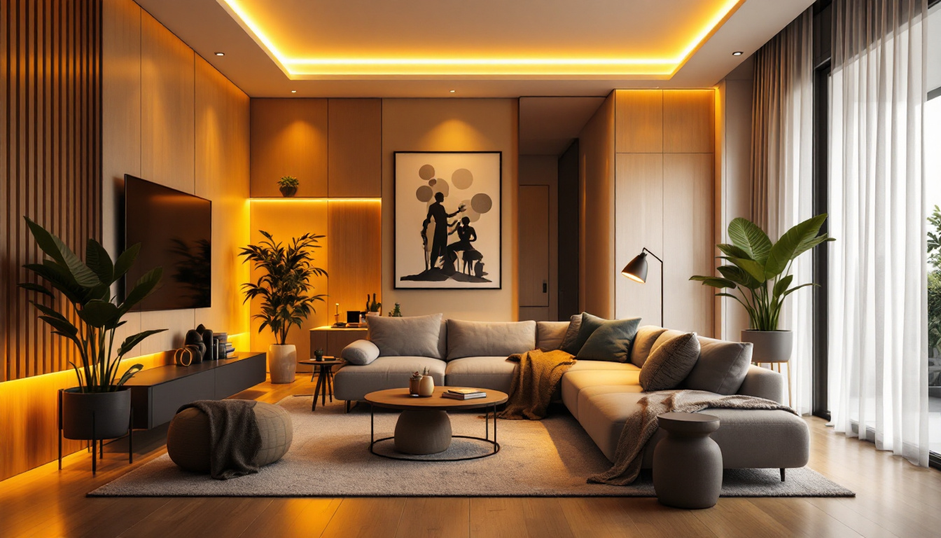 A photograph of a modern living space illuminated by stylish led lights