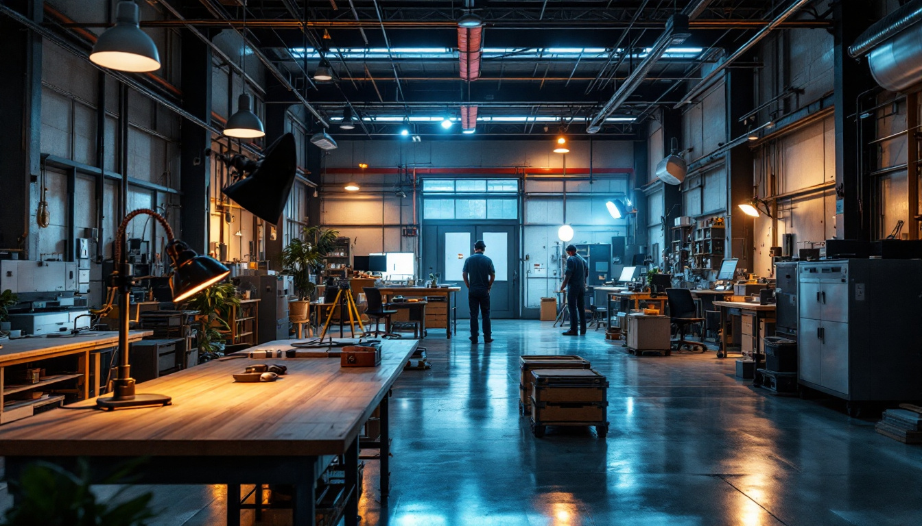 A photograph of a well-lit industrial workspace showcasing various lighting setups that utilize foot candles