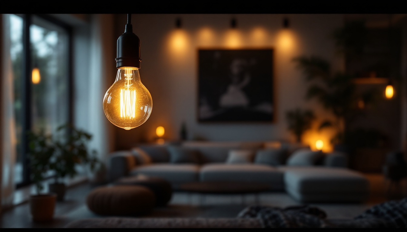 A photograph of a stylish modern living space illuminated by a flickering bulb lamp