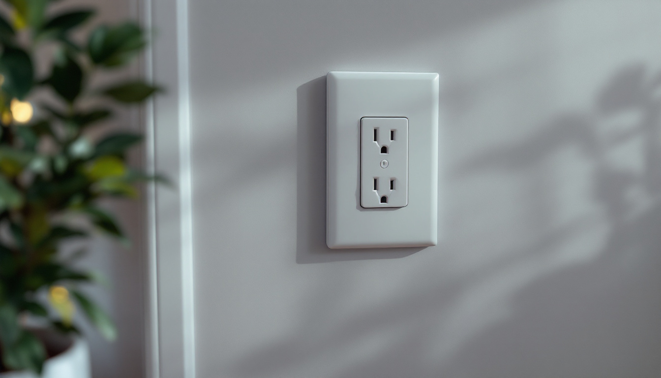 A photograph of a modern outlet box cover installed in a stylish home setting