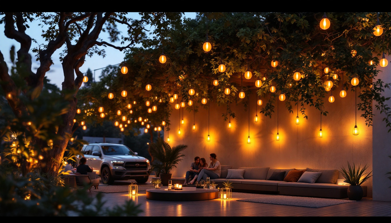 A photograph of a beautifully illuminated outdoor space featuring stylish external ceiling lights