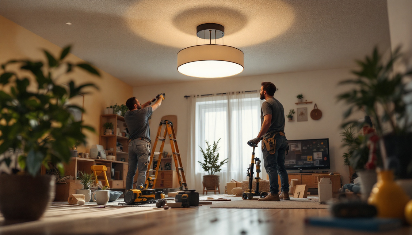A photograph of a well-lit room showcasing a stylish ceiling light fixture being installed