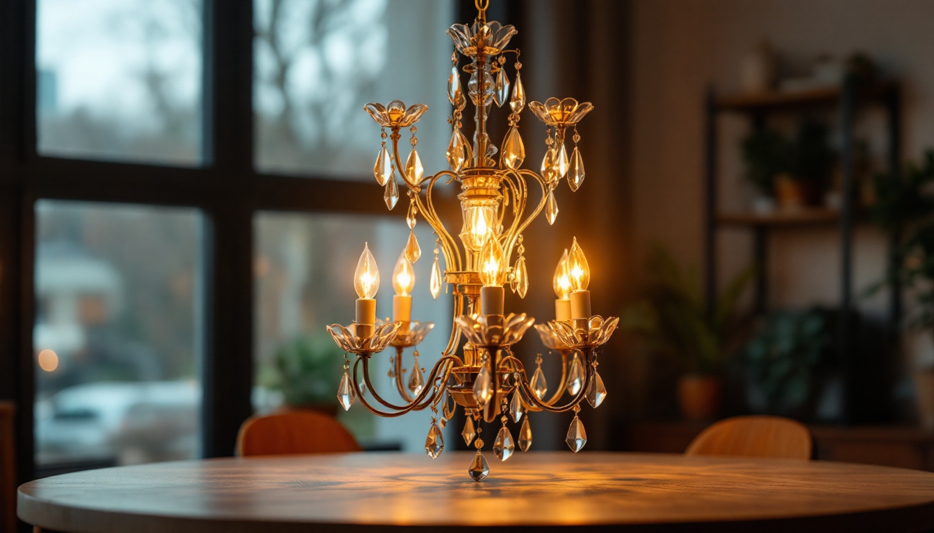 A photograph of a beautifully designed chandelier lamp illuminating a workspace or living area