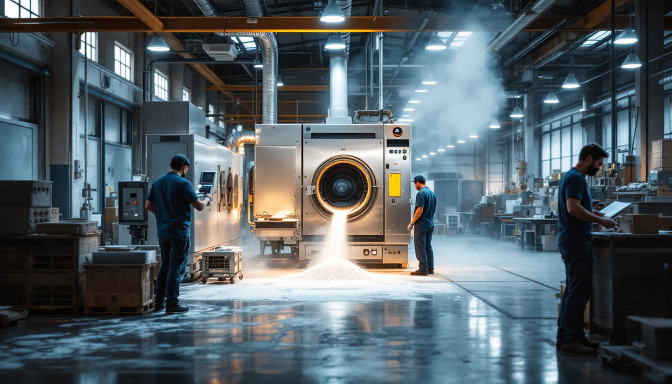 A photograph of a bustling industrial or commercial setting where an outlet dryer is actively being used