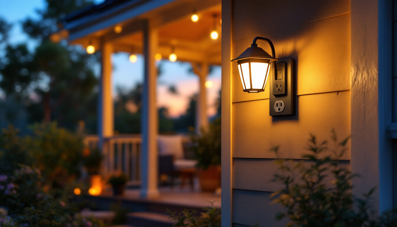A photograph of a beautifully illuminated porch featuring a stylish porch light with an integrated outlet