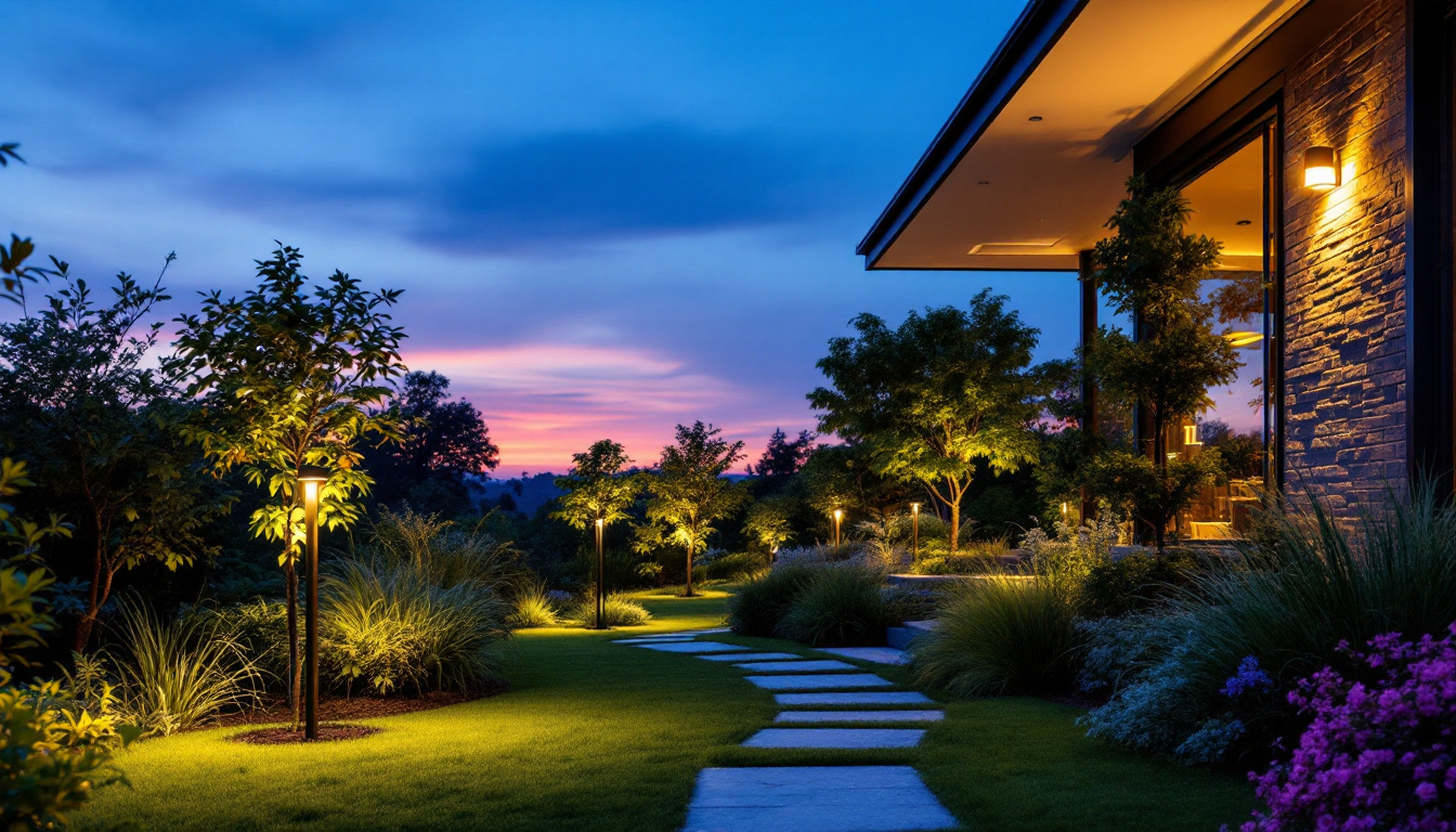 A photograph of a beautifully landscaped outdoor space illuminated by energy-efficient led lights