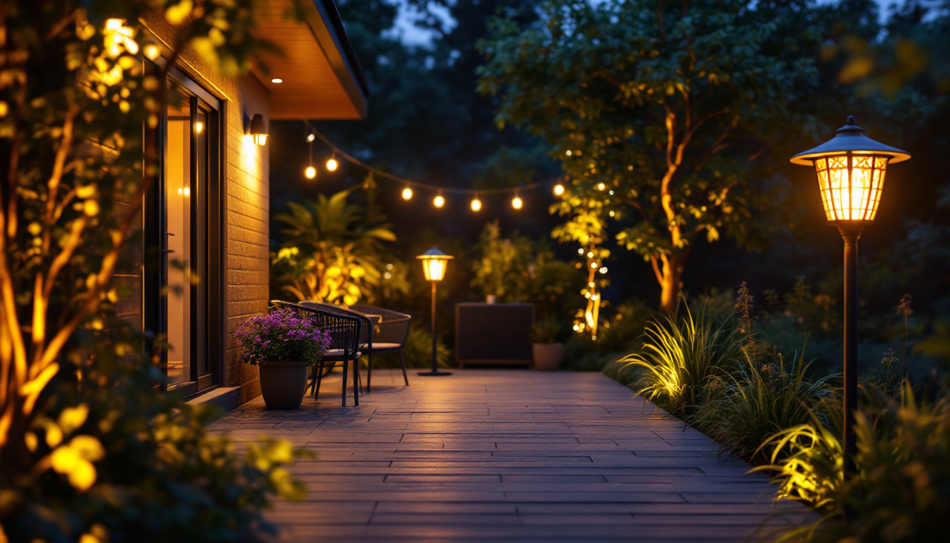 A photograph of a beautifully illuminated outdoor space featuring various styles of solar lights in use