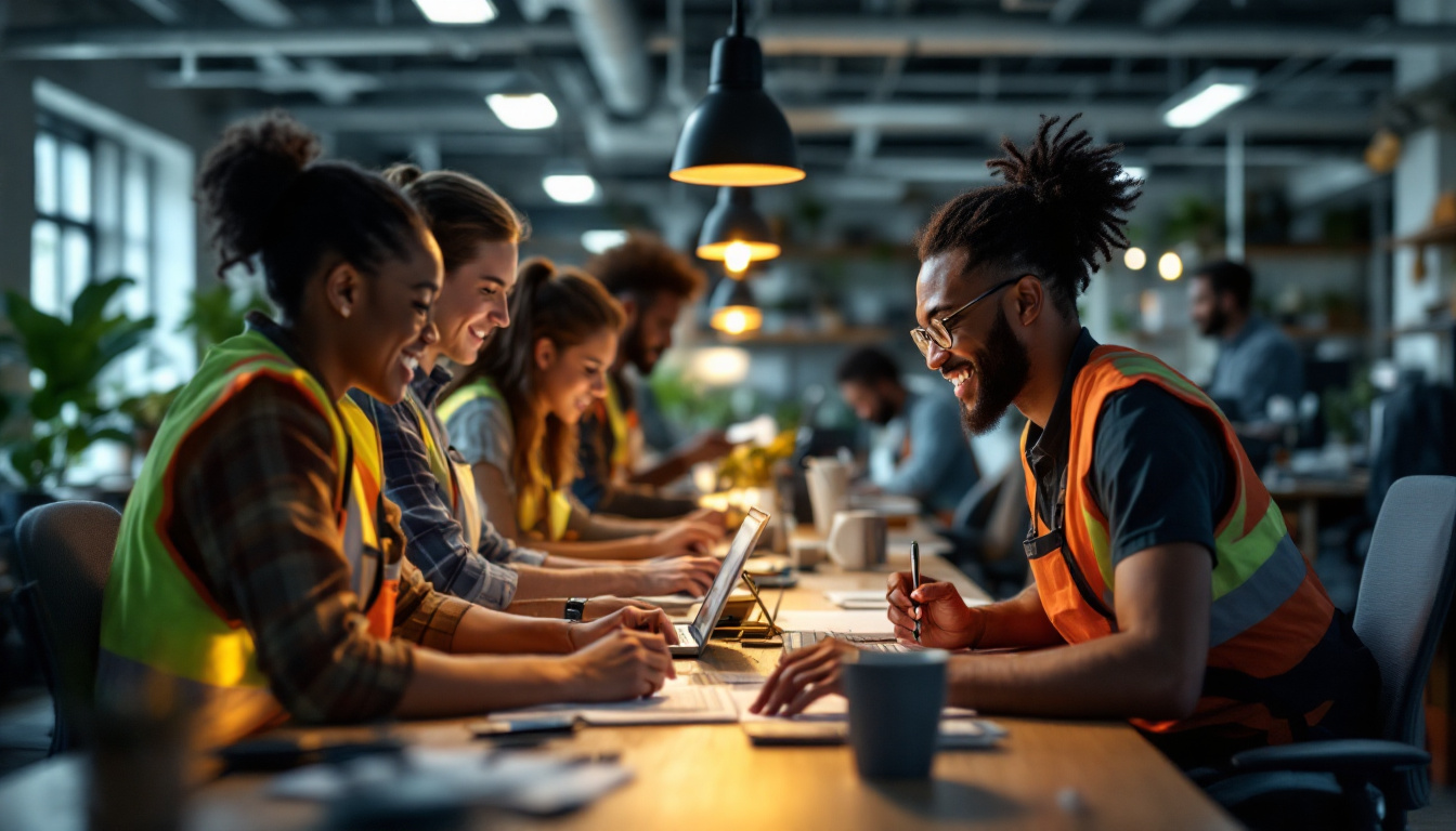 A photograph of a diverse group of employees engaged in a collaborative workspace