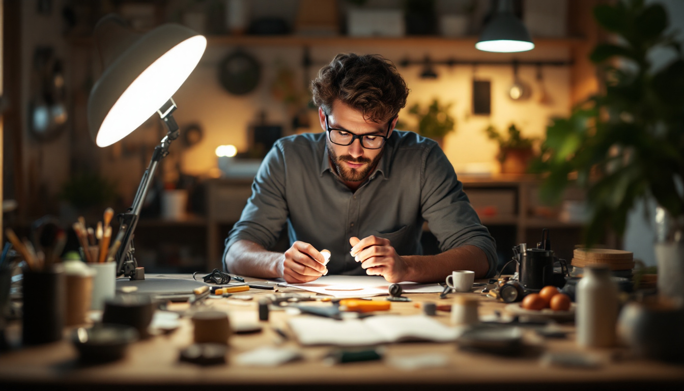A photograph of a well-lit workspace featuring a person thoughtfully inspecting a lightbulb