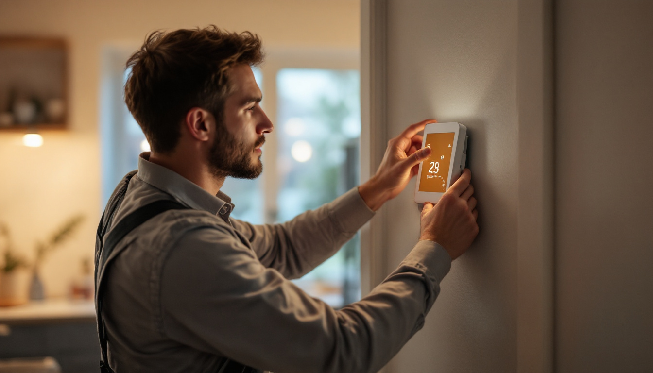 A photograph of a technician installing a modern light timer in a home setting