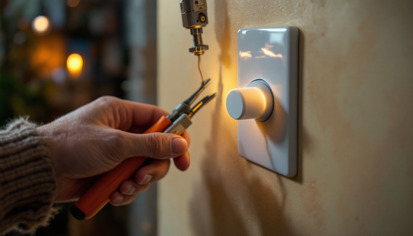 A photograph of a close-up shot of a hands-on installation process of a light dimmer switch