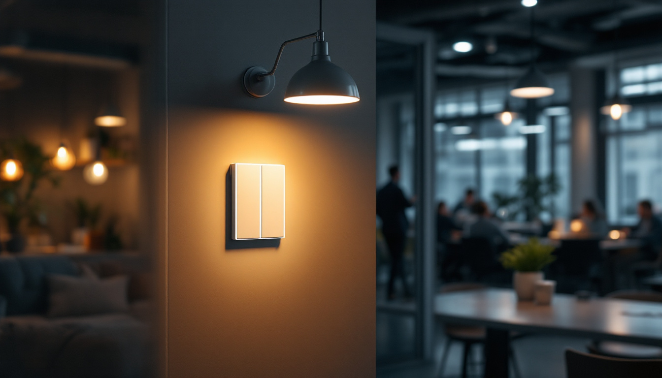A photograph of a modern industrial or commercial space showcasing various dimmable led light switches in action