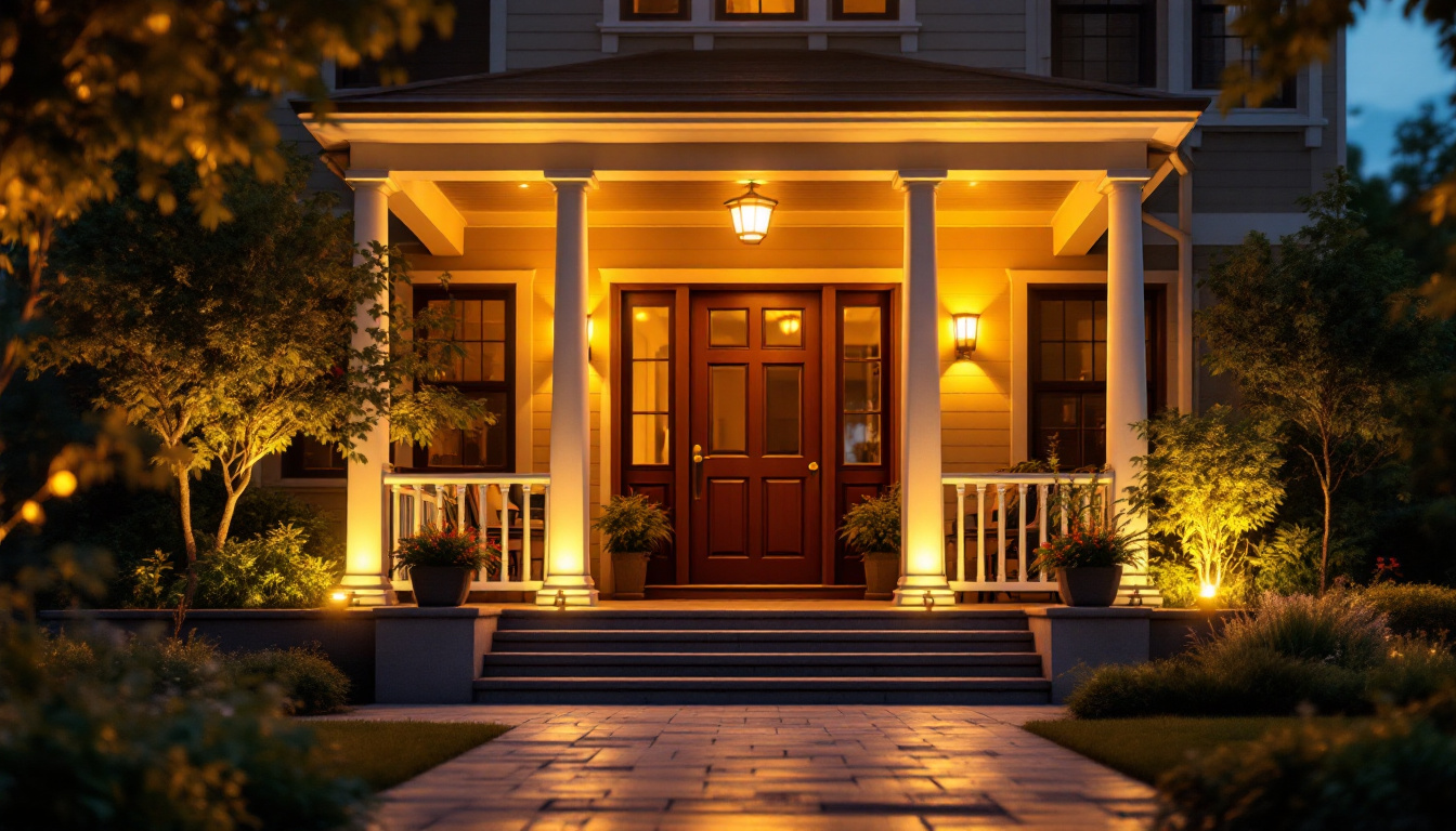 A photograph of a beautifully lit porch showcasing a variety of energy-efficient lighting options