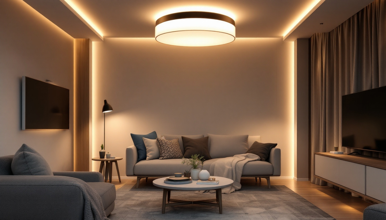 A photograph of a stylish modern living space featuring a semi-flush mount light fixture that highlights its design and ambiance