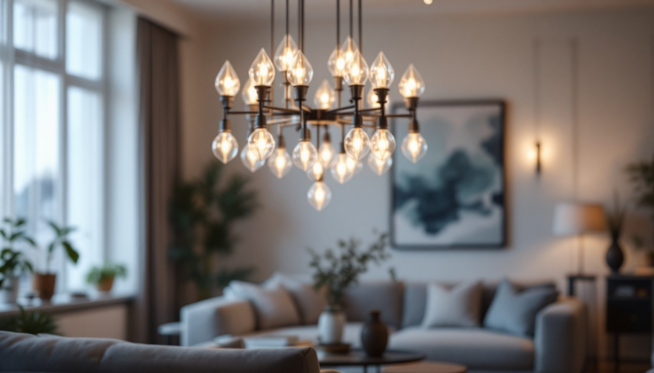 A photograph of a beautifully designed chandelier illuminated in a stylish interior setting