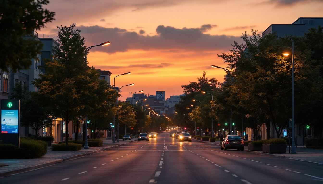 A photograph of a well-lit urban street scene at dusk