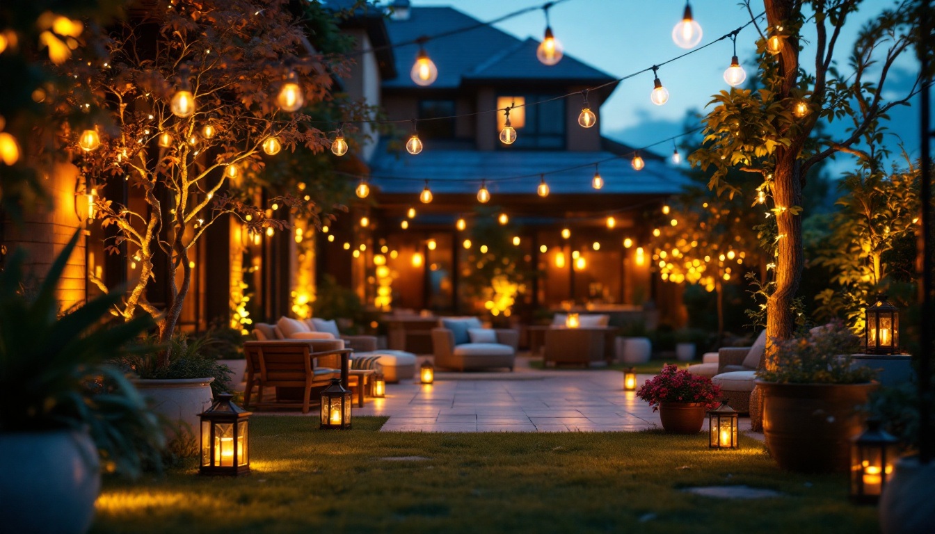 A photograph of a beautifully lit outdoor space showcasing various types of outdoor lighting solutions