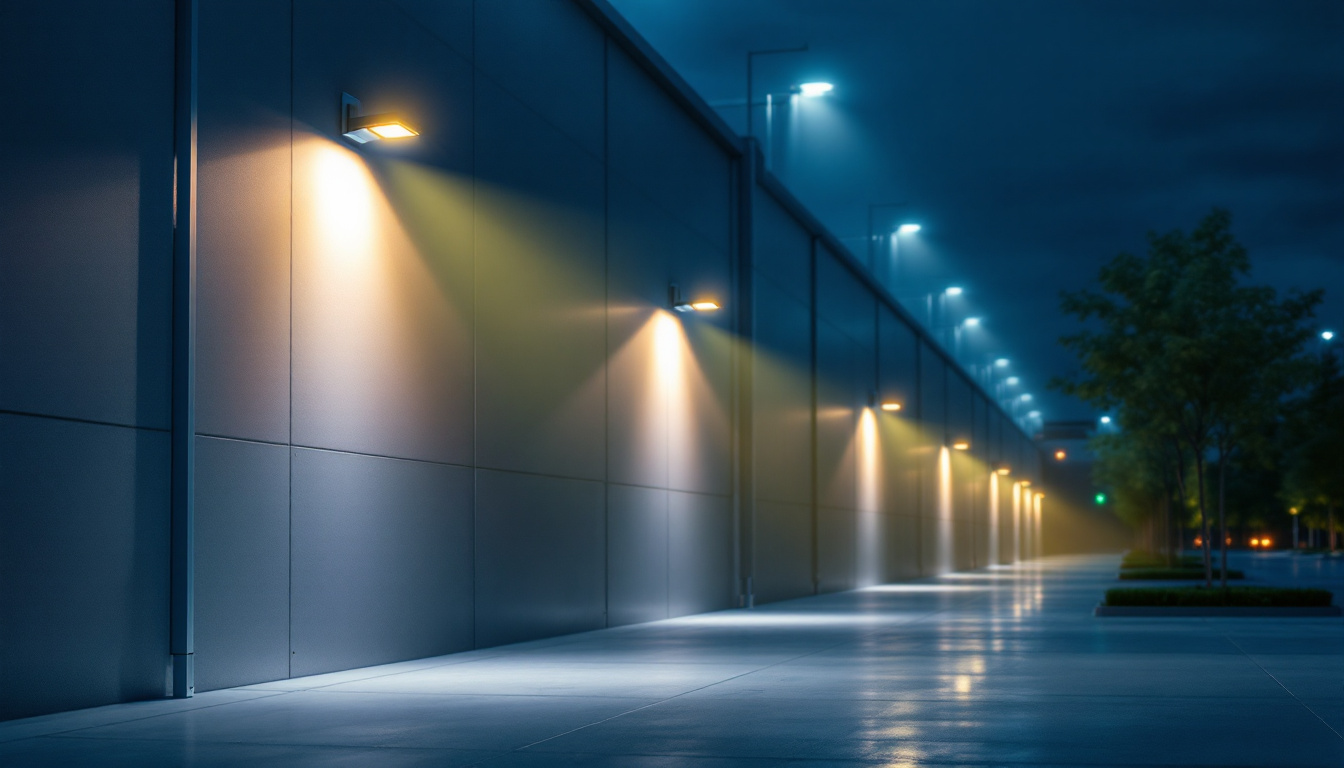 A photograph of a well-lit outdoor area featuring wall pack led lights illuminating a commercial or industrial space