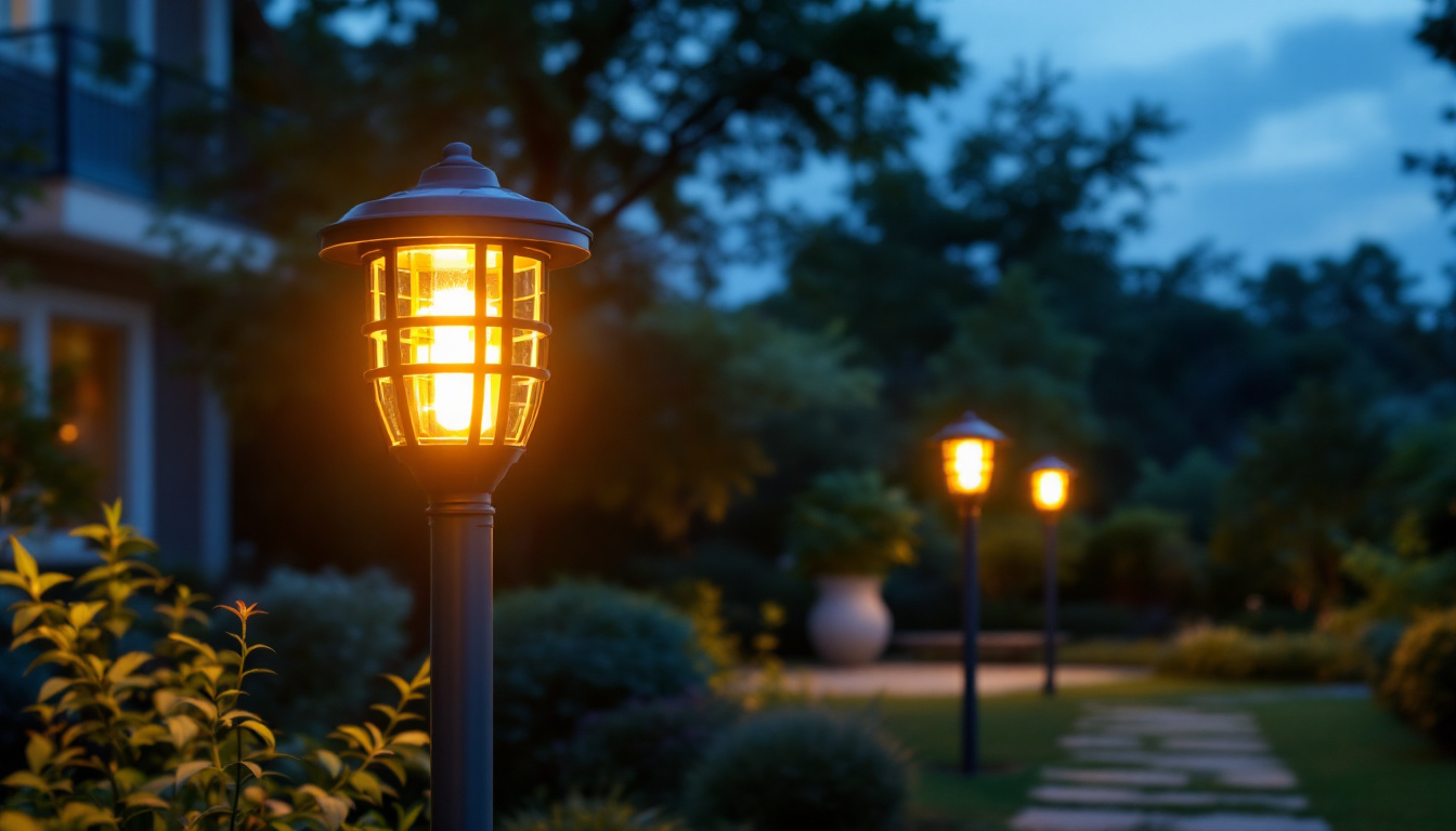 A photograph of a beautifully lit outdoor space featuring solar lights installed on posts