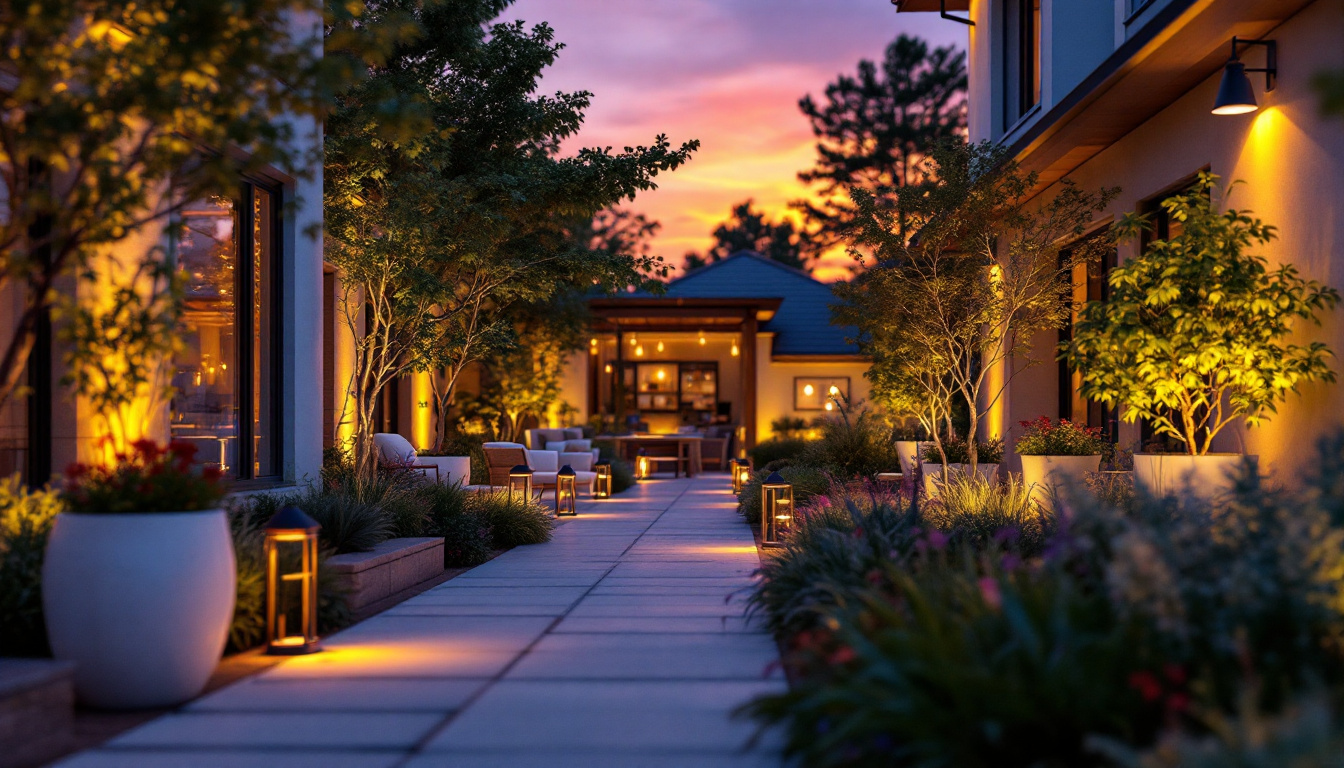 A photograph of a beautifully lit outdoor space at dusk