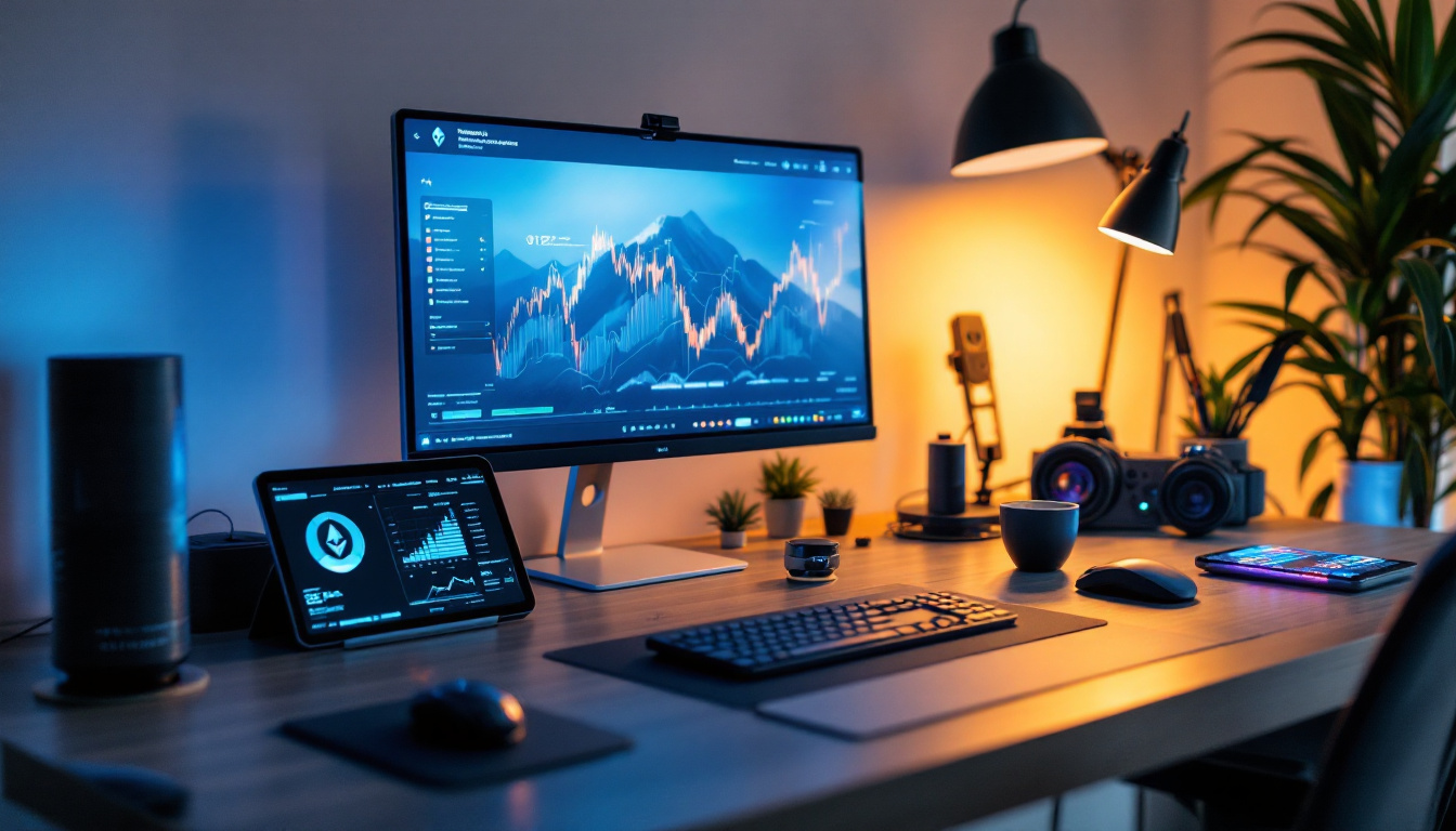A photograph of a modern workspace that seamlessly integrates smart technology and ethereum-themed elements