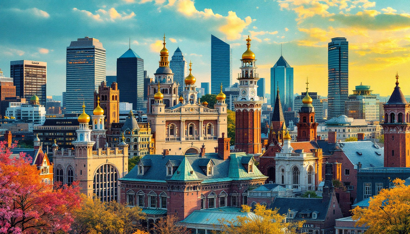A photograph of a vibrant collage showcasing the historical landmarks of sylvania juxtaposed with modern architecture