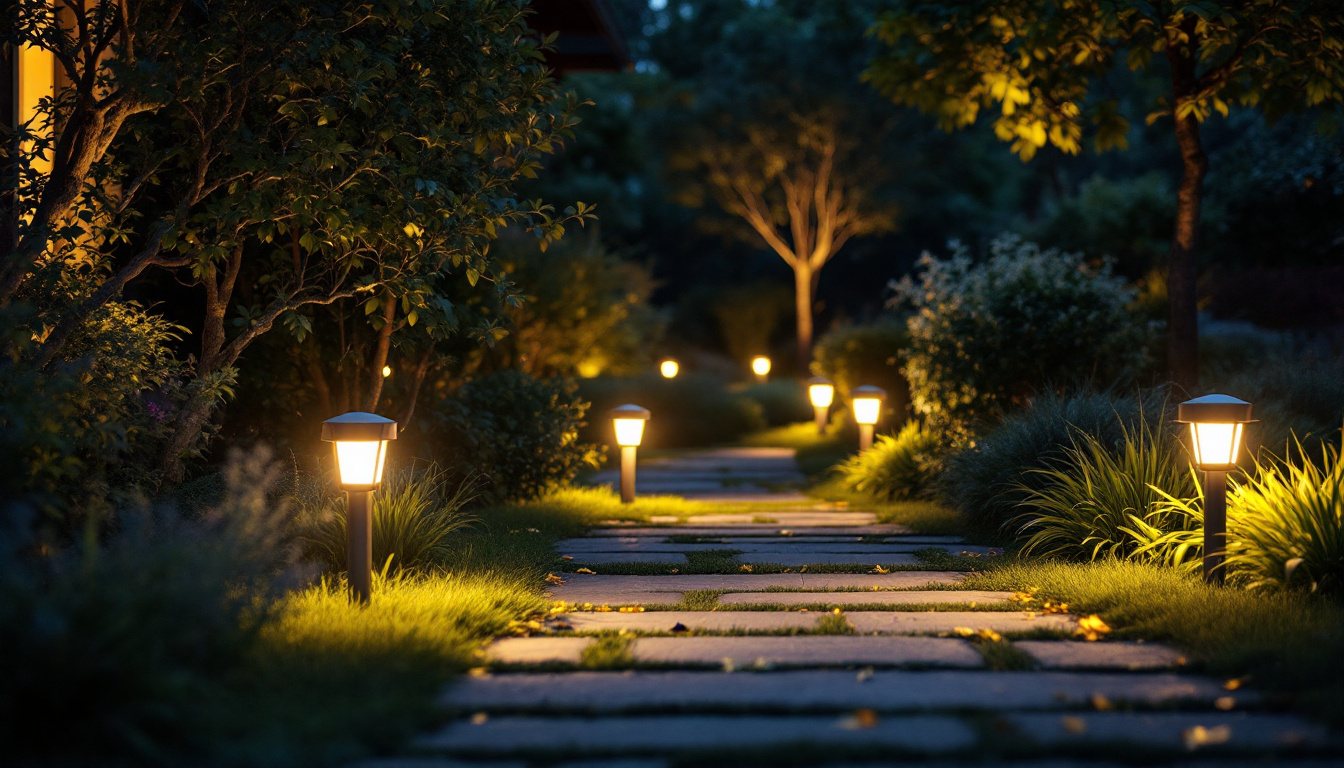 A photograph of a beautifully lit outdoor scene showcasing motion sensor lights illuminating a pathway or garden