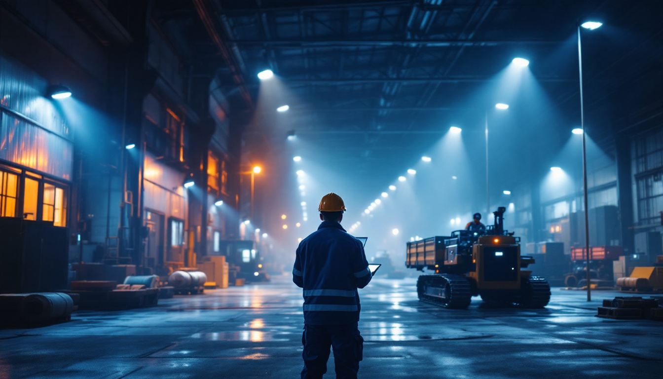 A photograph of a modern industrial or commercial setting illuminated by solar-powered lights
