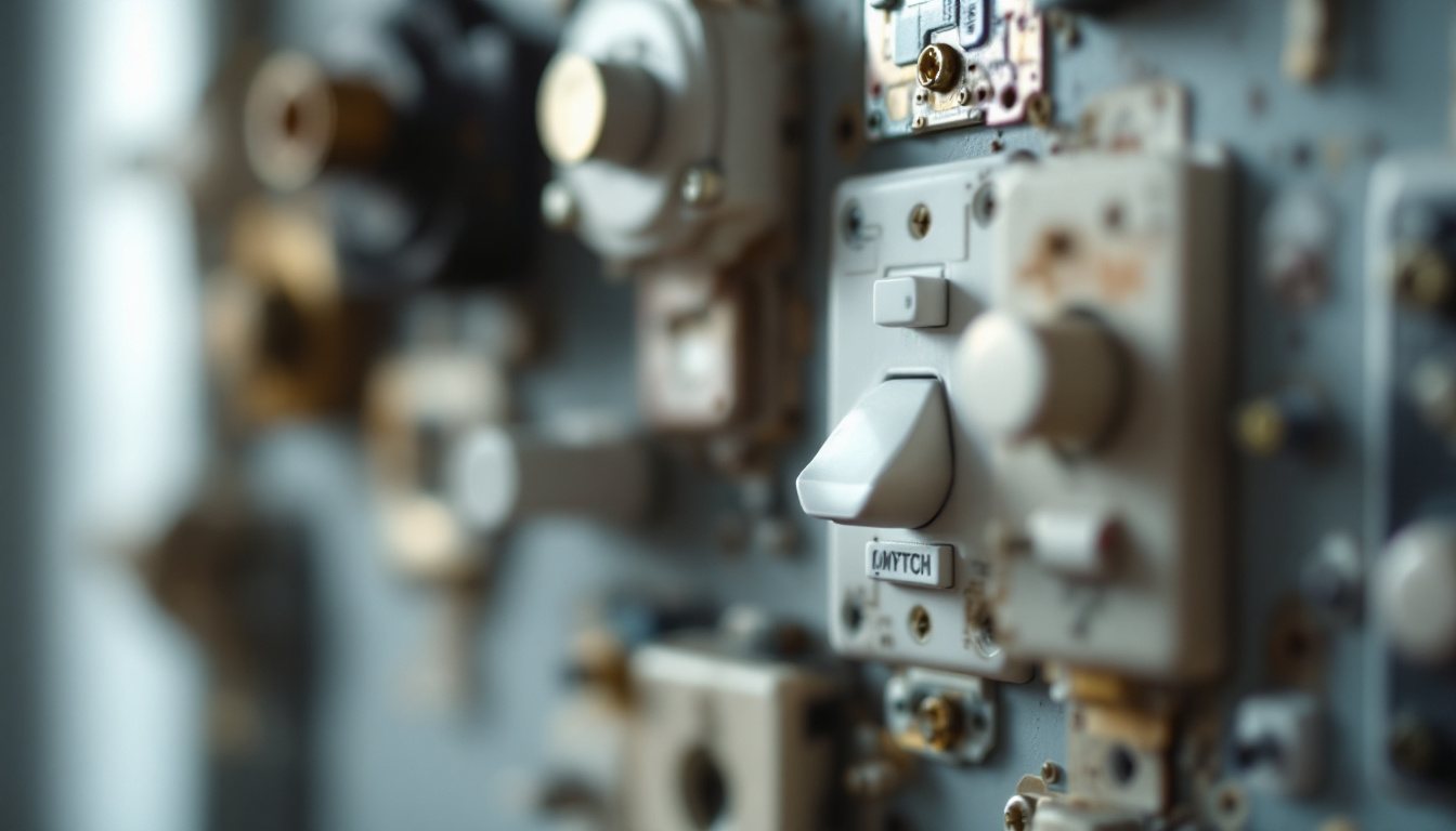 A photograph of a close-up view of various types of electrical switches
