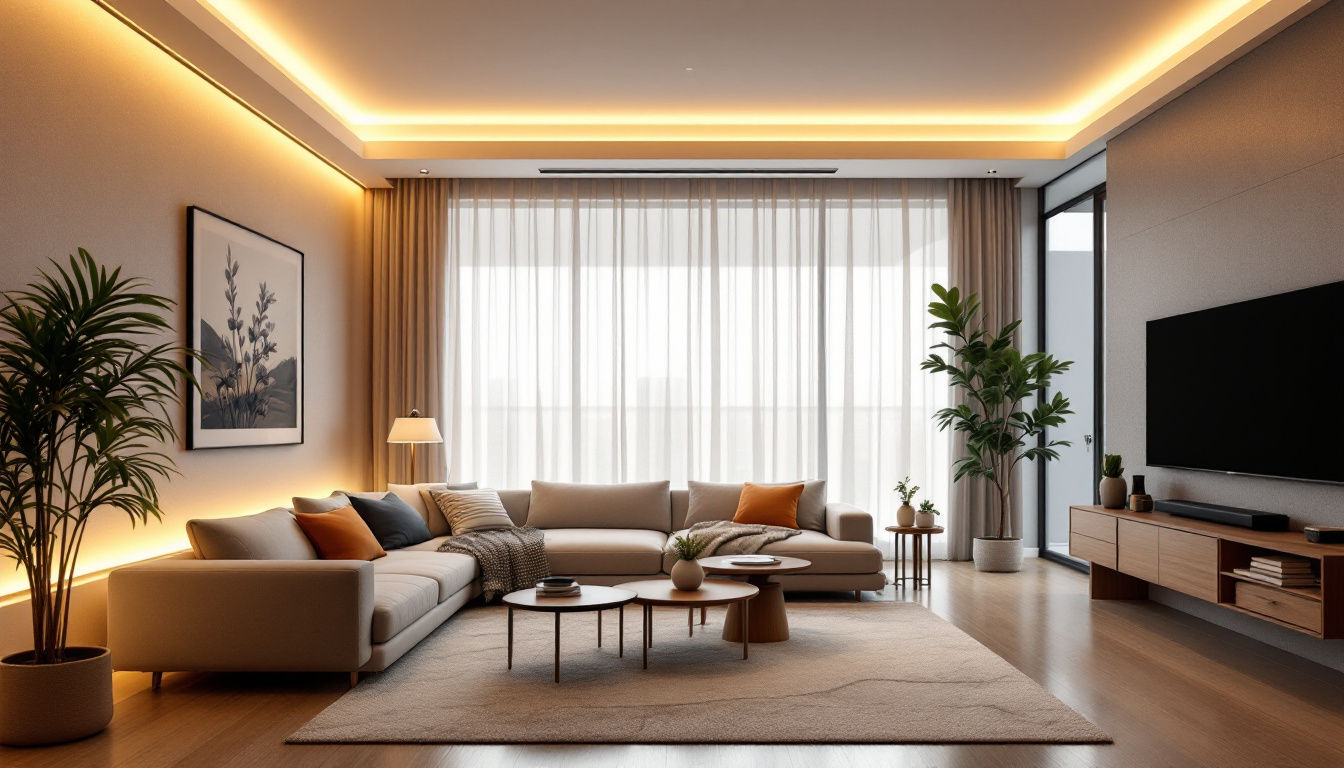A photograph of a modern living space featuring sleek led ceiling lights that highlight the room's design elements