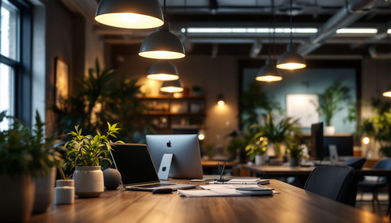 A photograph of a well-lit workspace featuring modern lighting fixtures and ballasts in use