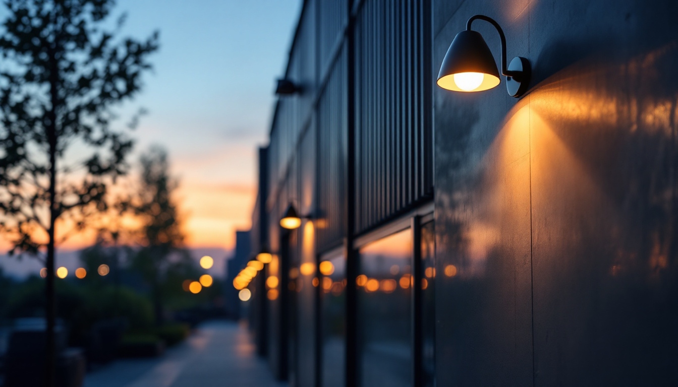 A photograph of a modern industrial or commercial setting featuring stylish wall lamps installed outdoors