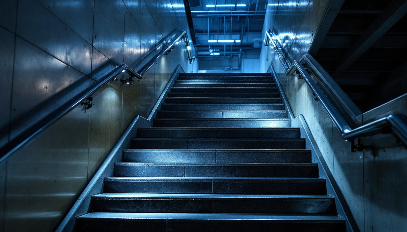 A photograph of a well-lit industrial staircase featuring strategically placed led spotlights that highlight the steps and surrounding architecture