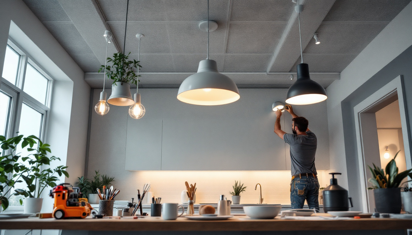 A photograph of a well-lit room showcasing a variety of stylish ceiling light fixtures