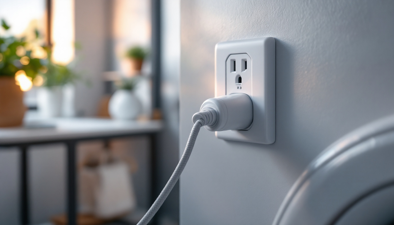 A photograph of a close-up shot of a well-installed dryer power outlet in a modern laundry room