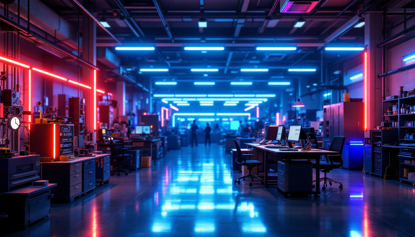 A photograph of a modern industrial workspace showcasing vibrant led strip lights illuminating key areas