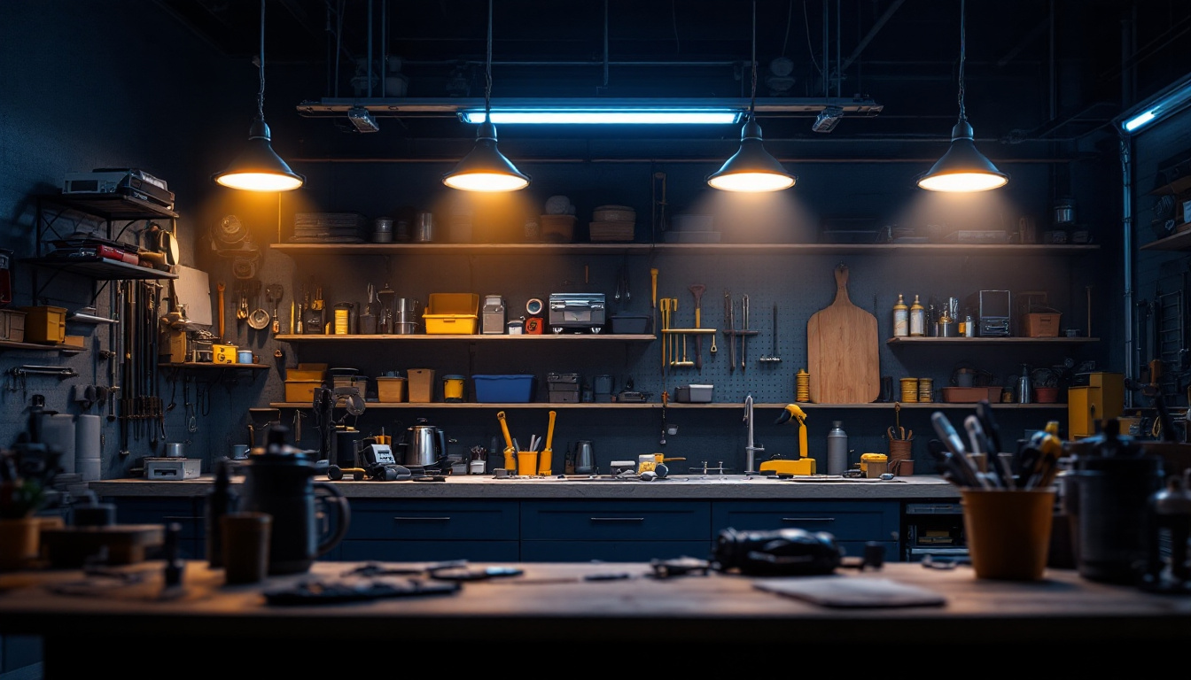 A photograph of a well-lit workshop or garage scene showcasing four led shop lights in action