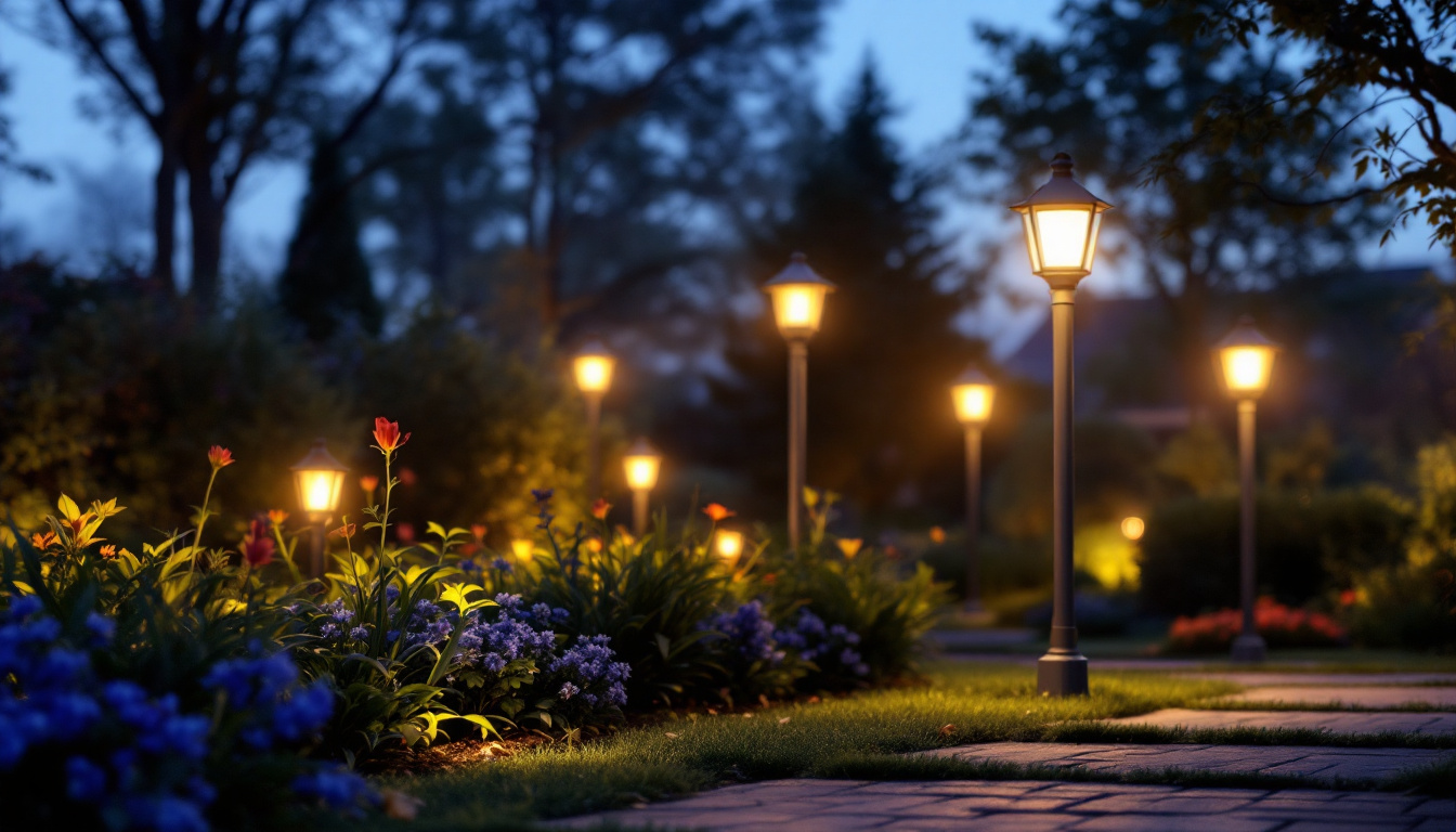 A photograph of a beautifully illuminated outdoor scene featuring various post lantern lights in use