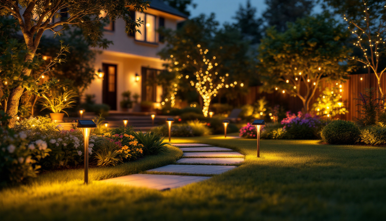 A photograph of a beautifully illuminated yard showcasing various decorative solar lights in different settings—such as pathways