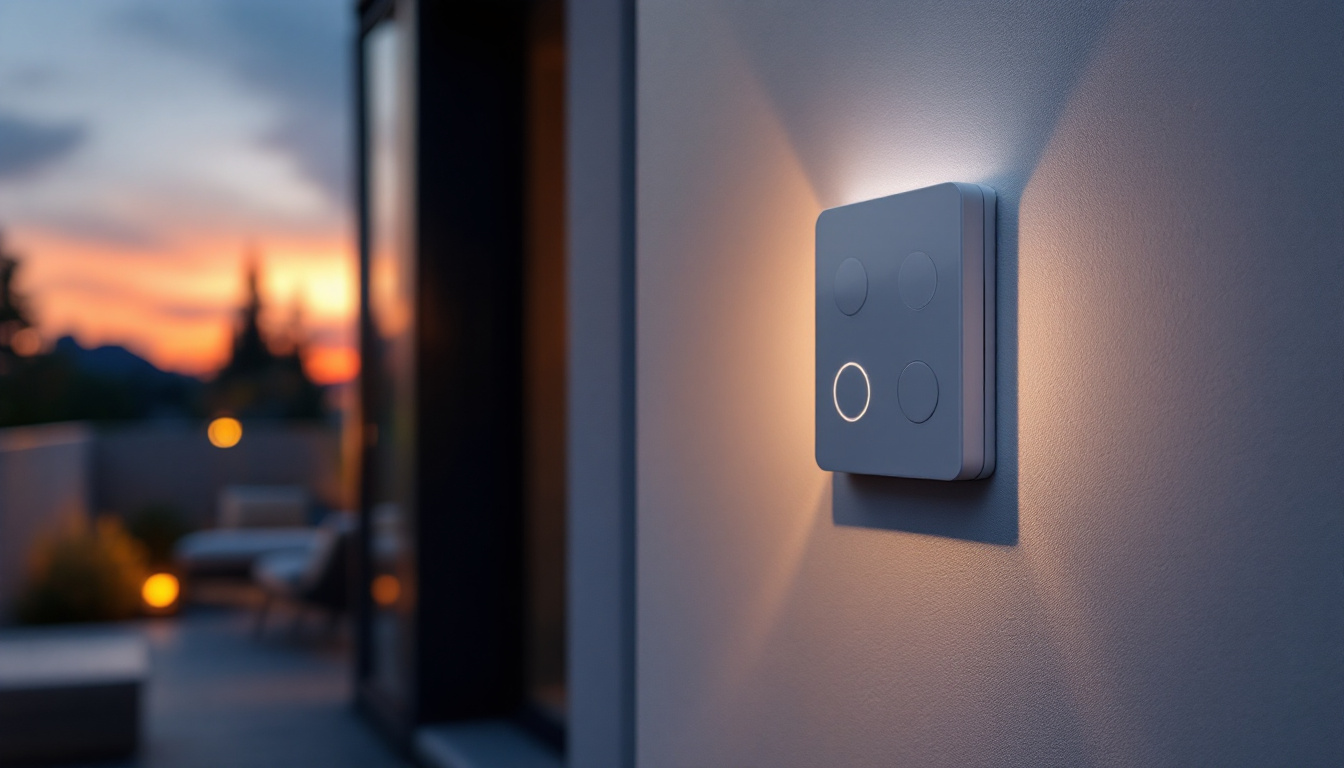 A photograph of a modern outdoor space featuring a stylish light timer switch in use