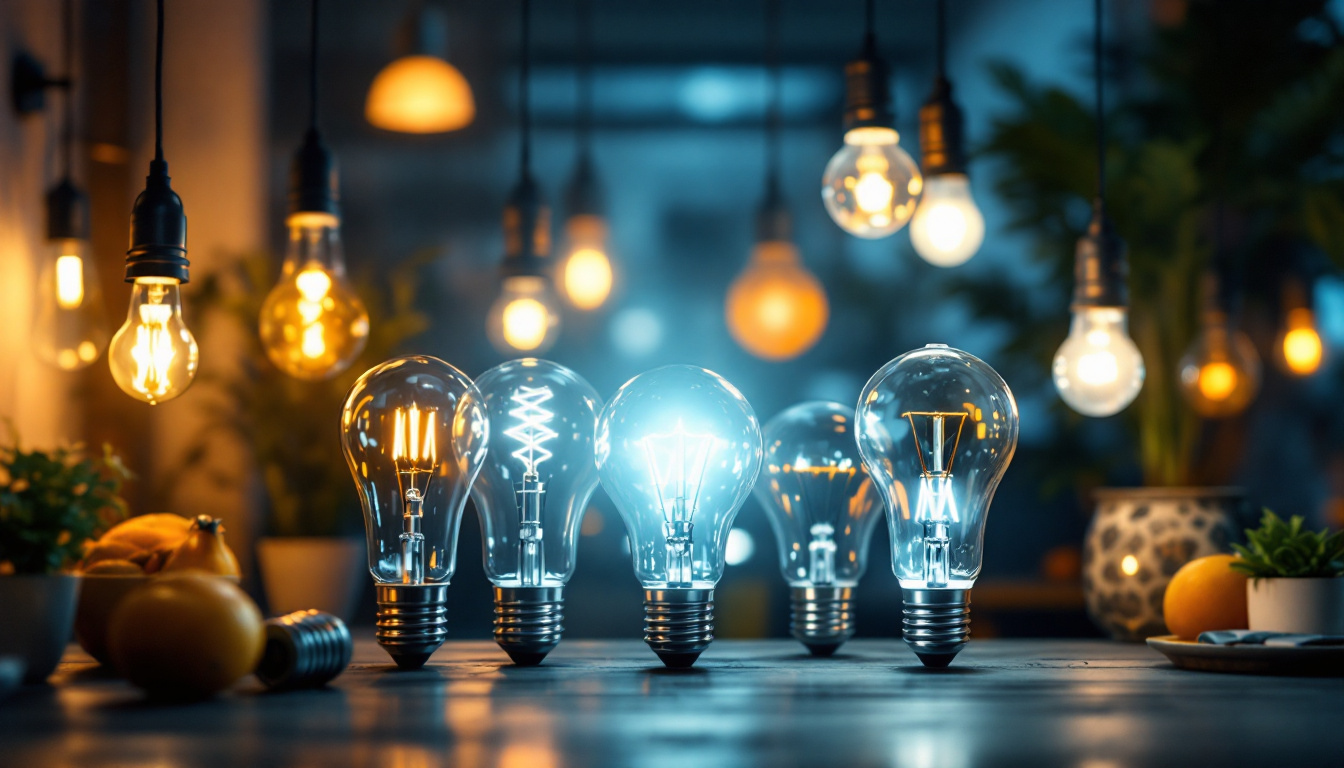 A photograph of a diverse range of lighting bulbs in various settings